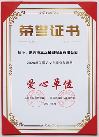 6月3日上午，東莞市婦聯(lián)聯(lián)合市委組織部、市直工委、市婦女兒童福利會共同啟動了2021年東莞市婦女兒童“黨群公益匯”活動。啟動議式上，三正金融投資公司被授予“愛心單位”榮譽(yù)證書。